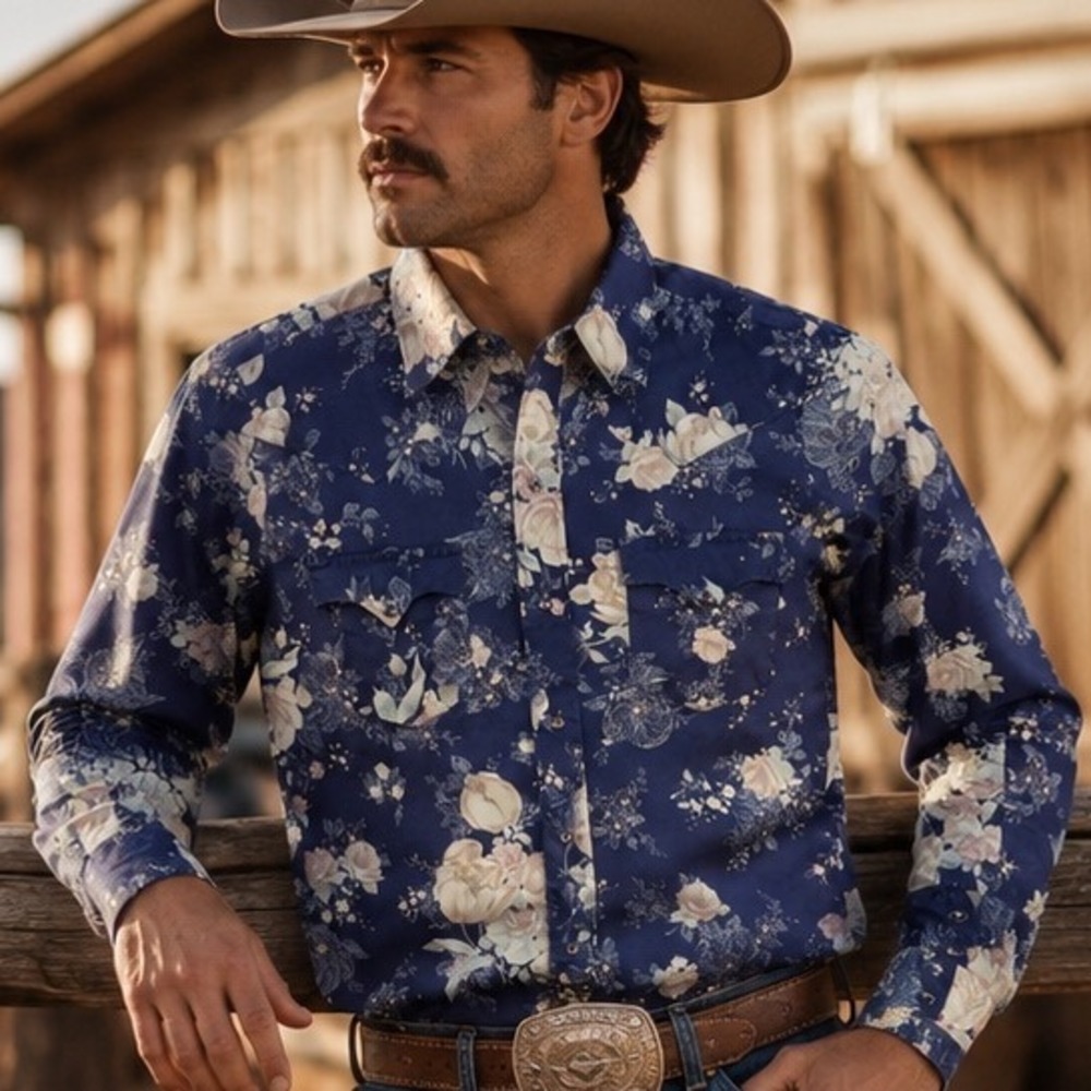 MensWestern Pearl Snap Shirt Size S/M  Navy Blue Floral  Long Sleeve Cowboy